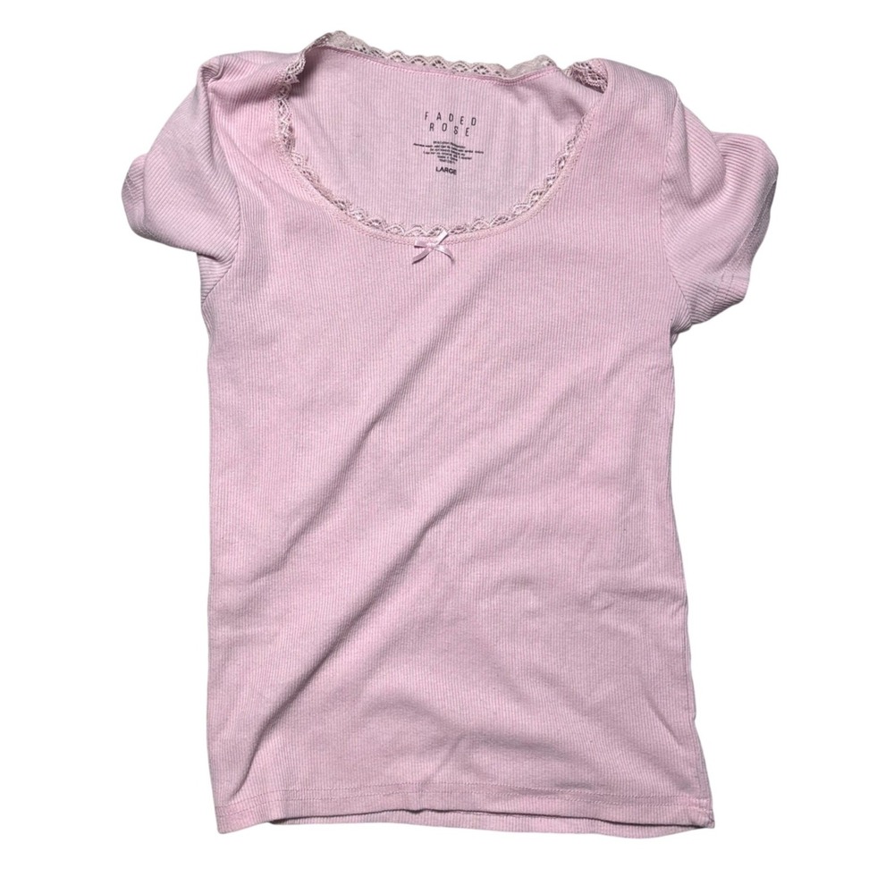 Faded Rose Ribbed Tee Pink Lace Trim Bow Coquette Balletcore Kids Large